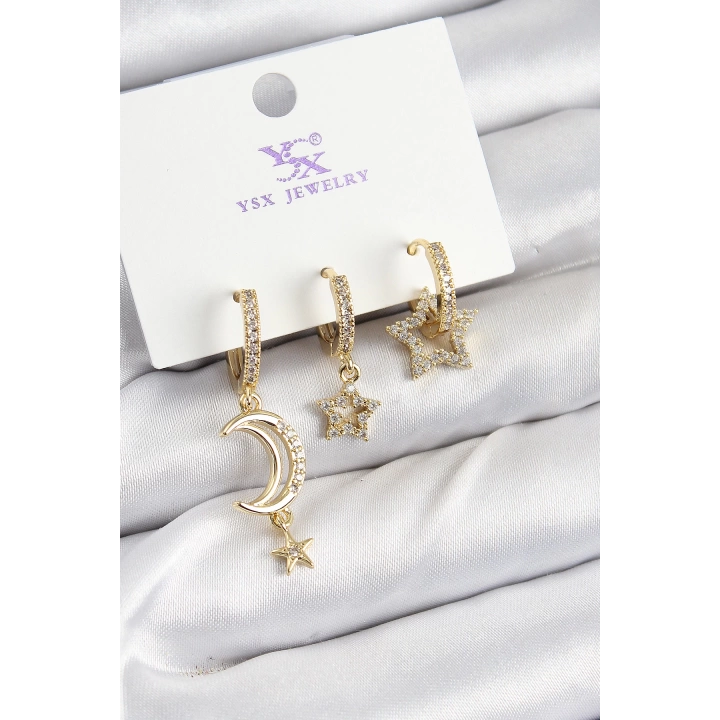 BFS Pirinç Zİrkon Taşlı Ay Ve Hilal Model Gold Renk 3lü Kadın Küpe
