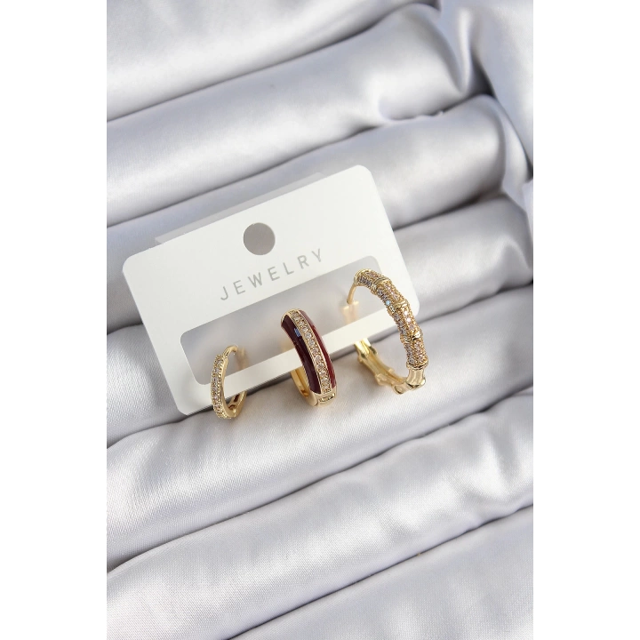 BFS Pirinç Zirkon Taşlı Bordo Halka Model Gold Renk 3lü Çift Kadın Küpe Set