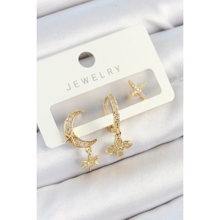 BFS Pirinç Zirkon Taşlı Çiçek Ve Ay Model Gold Renk 3lü Çift Kadın Küpe Set