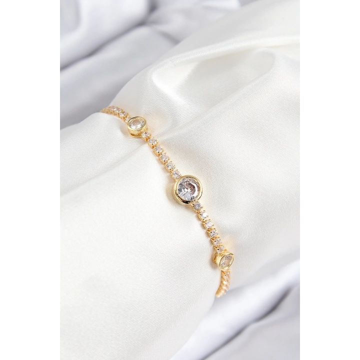BFS Pirinç Zirkon Taşlı Daire Model Gold Renk Asansörlü Kadın Bileklik