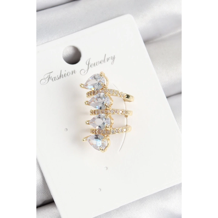 BFS Pirinç Zirkon Taşlı Damla Model Gold Renk Sağ Kıkırdak Küpe