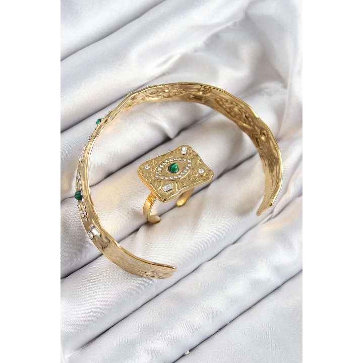 BFS Pirinç Zirkon Taşlı Göz Model Gold Renk Bileklik Yüzük Set