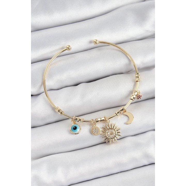 BFS Pirinç Zirkon Taşlı Güneş Ay Nazar Model Gold Renk Charm Bileklik