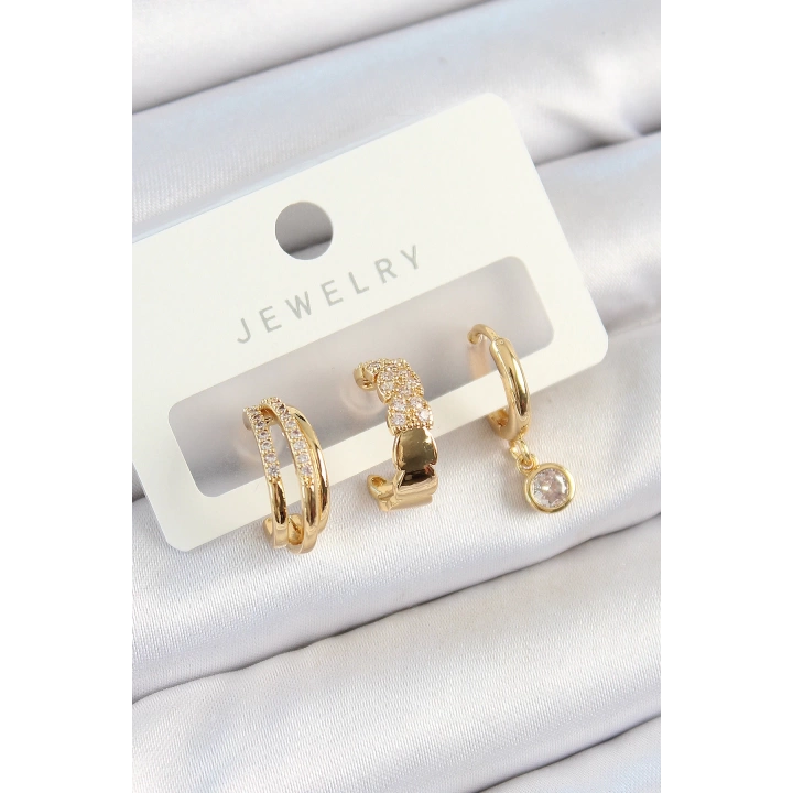 BFS Pirinç Zirkon Taşlı Halka Model Gold Renk 3lü Çift Kadın Küpe Set