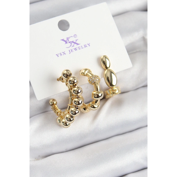 BFS Pirinç Zİrkon Taşlı Halka Model Gold Renk 3lü Kadın Küpe