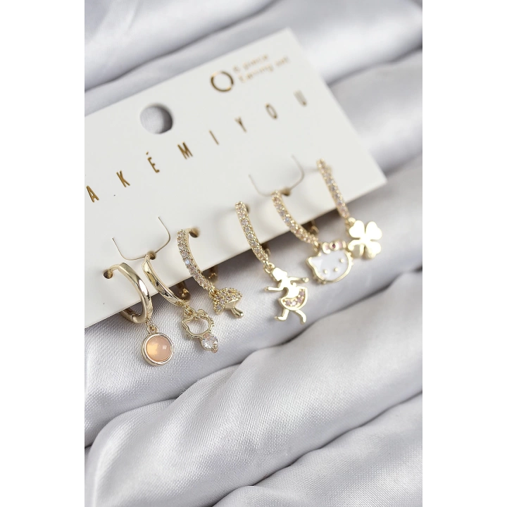 BFS Pirinç Zirkon Taşlı Hello Kity Ve Yonca Model Gold Renk 6lı Küpe Set