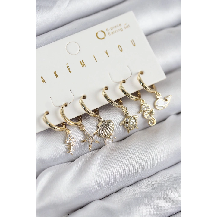 BFS Pirinç Zirkon Taşlı İstiridye Balina Ve Yıldız Gold Renk 6lı Küpe Set