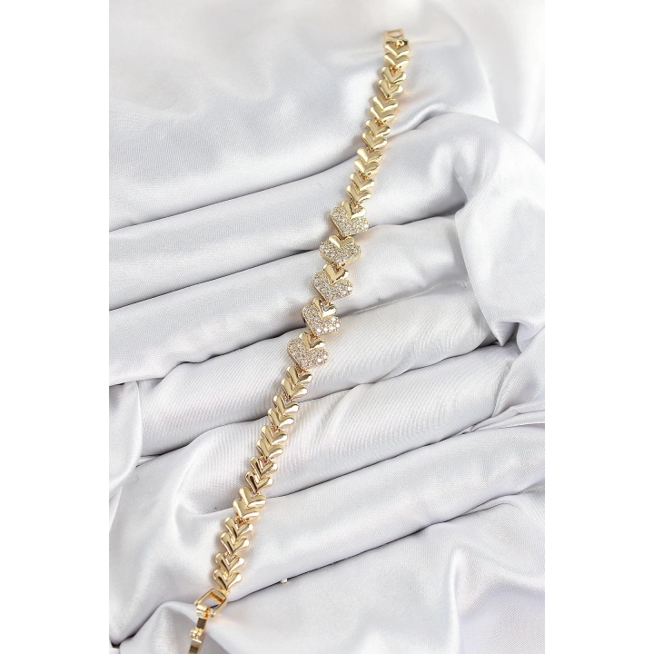 BFS Pirinç Zirkon Taşlı Kalp Model Gold Renk Kadın Bileklik