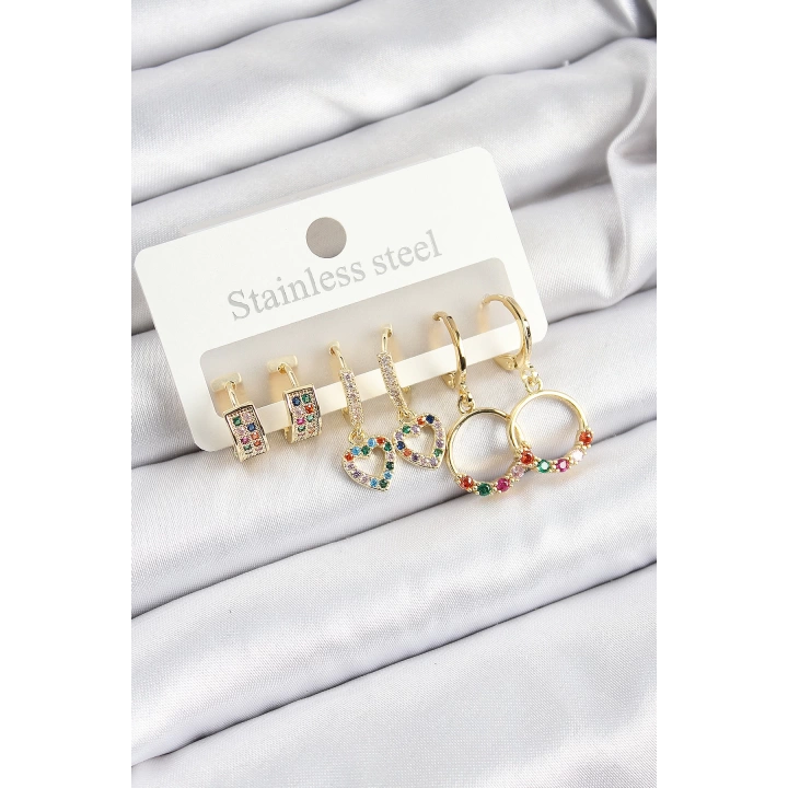 BFS Pirinç Zirkon Taşlı Kalp Ve Halka Model Gold Renk 6lı Set Kadın Küpe