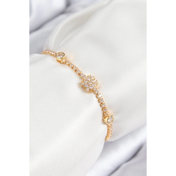 BFS Pirinç Zirkon Taşlı Kar Tanesi Model Gold Renk Asansörlü Kadın Bileklik