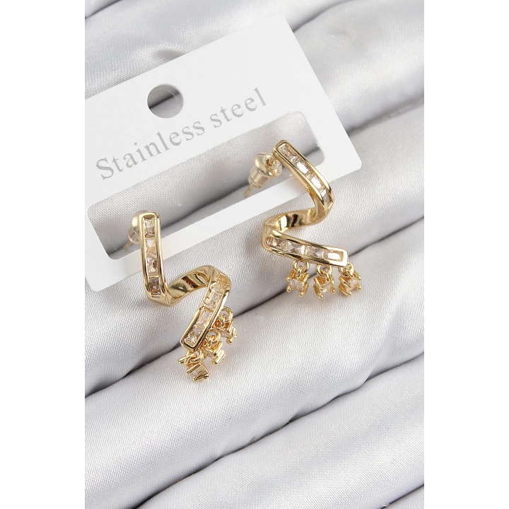 BFS Pirinç Zirkon Taşlı Kıvrımlı Model Gold Renk Kadın Küpe