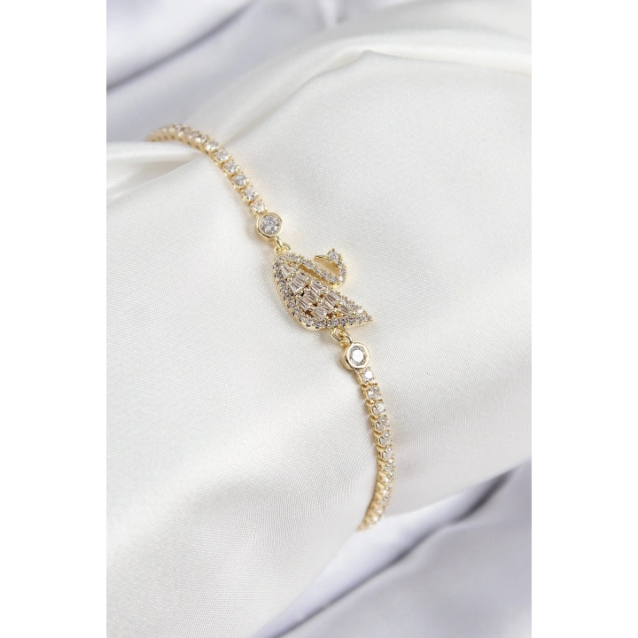 BFS Pirinç Zirkon Taşlı Kuğu Model Gold Renk Kadın Bileklik