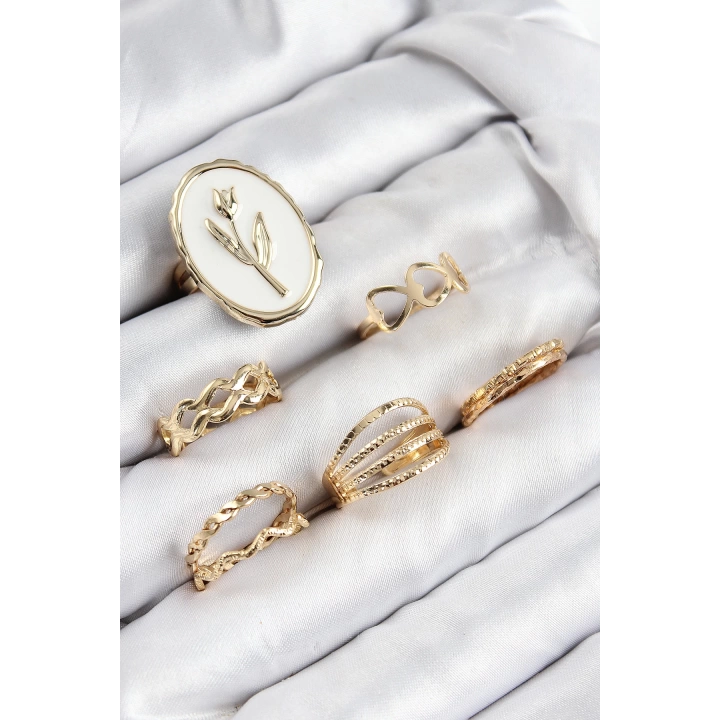 BFS Pirinç Zirkon Taşlı Lale Model Gold Renk Kadın Yüzük Kombin Set