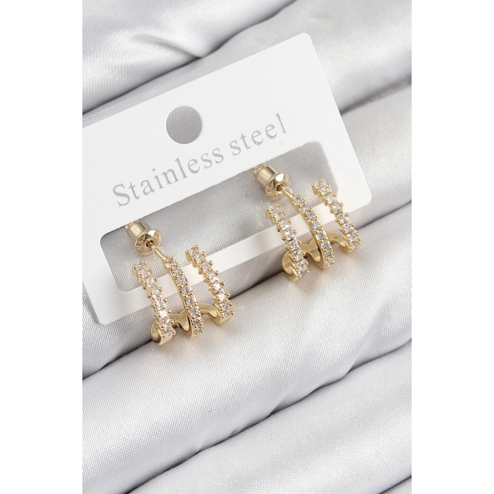 BFS Pirinç Zirkon Taşlı Model Gold Renk Kadın Küpe