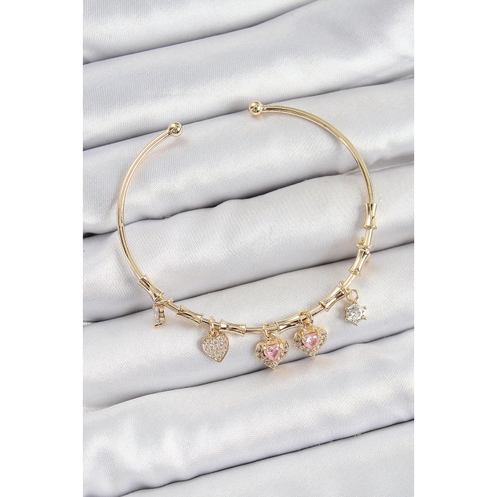 BFS Pirinç Zirkon Taşlı Pembe Kalp Model Gold Renk Charm Bileklik