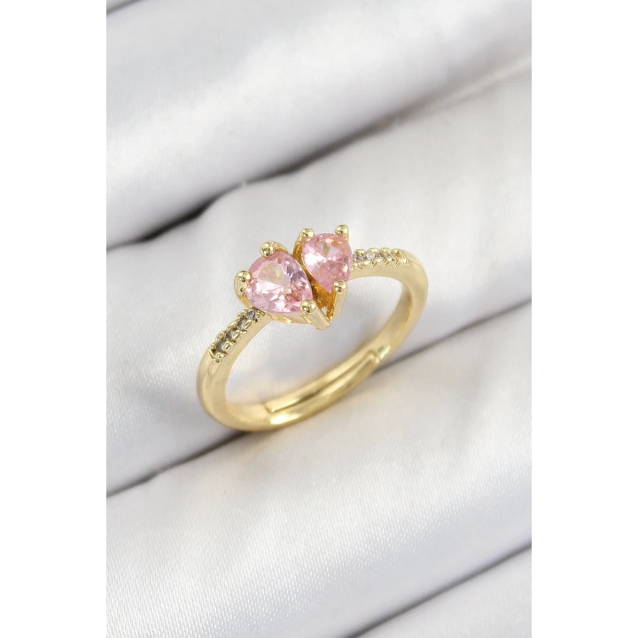 BFS Pirinç Zirkon Taşlı Pembe Kalp Model Gold Renk Kadın Yüzük