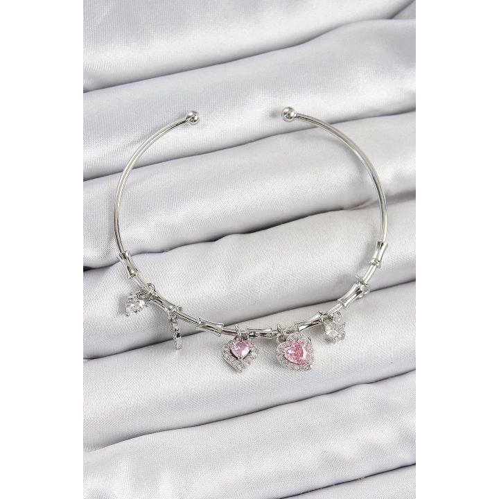 BFS Pirinç Zirkon Taşlı Pembe Kalp Model Gümüş Renk Charm Bileklik