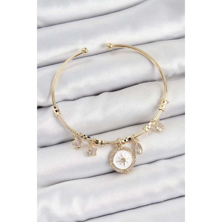 BFS Pirinç Zirkon Taşlı Pusula Model Gold Renk Charm Bileklik