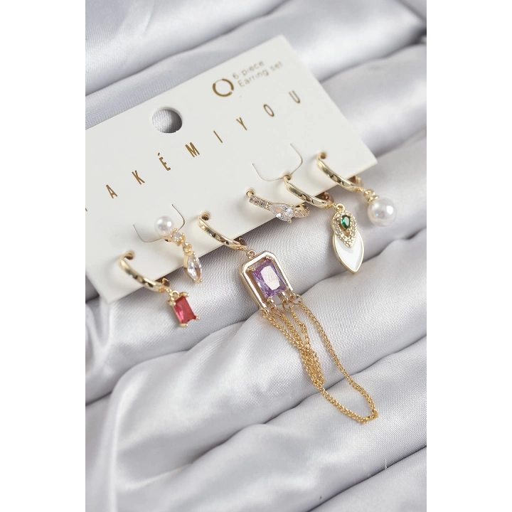 BFS Pirinç Zirkon Taşlı Sallantılı Ve İncili Gold Renk 6lı Küpe Set