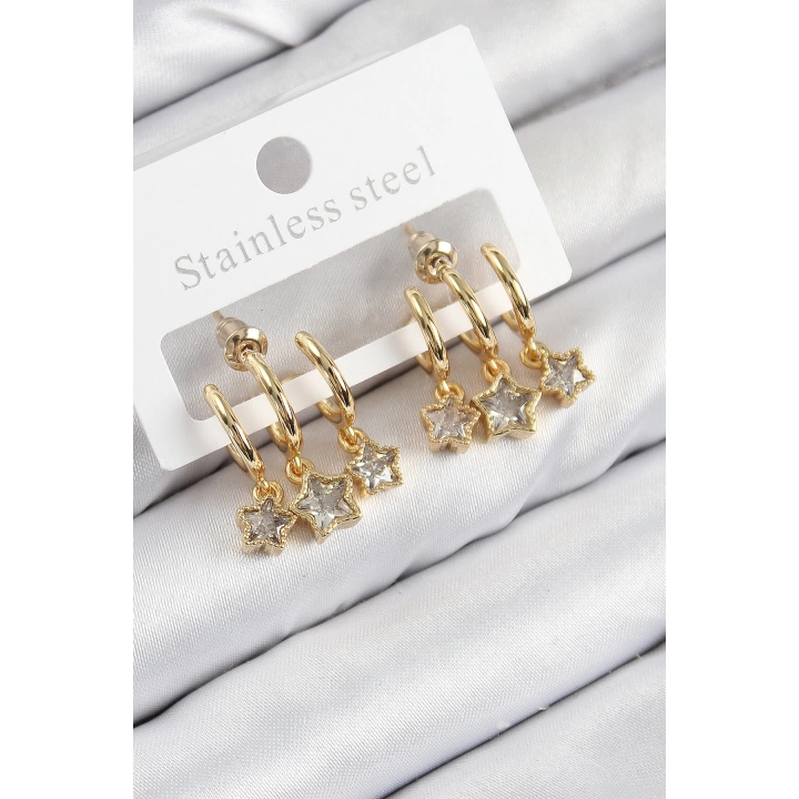 BFS Pirinç Zirkon Taşlı Sallantılı Yıldız Model Gold Renk Kadın Küpe