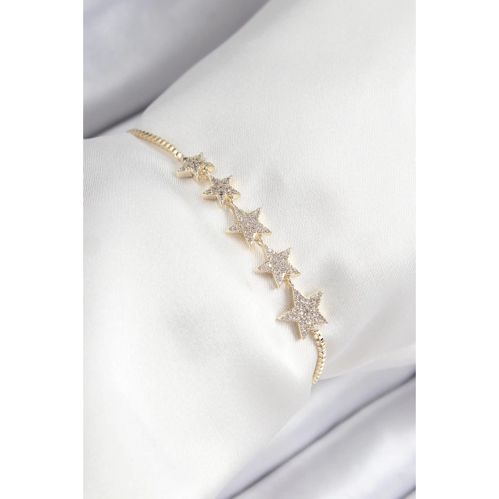 BFS Pirinç Zirkon Taşlı Sıralı Yıldız Model Gold Renk Asansörlü Kadın Bileklik