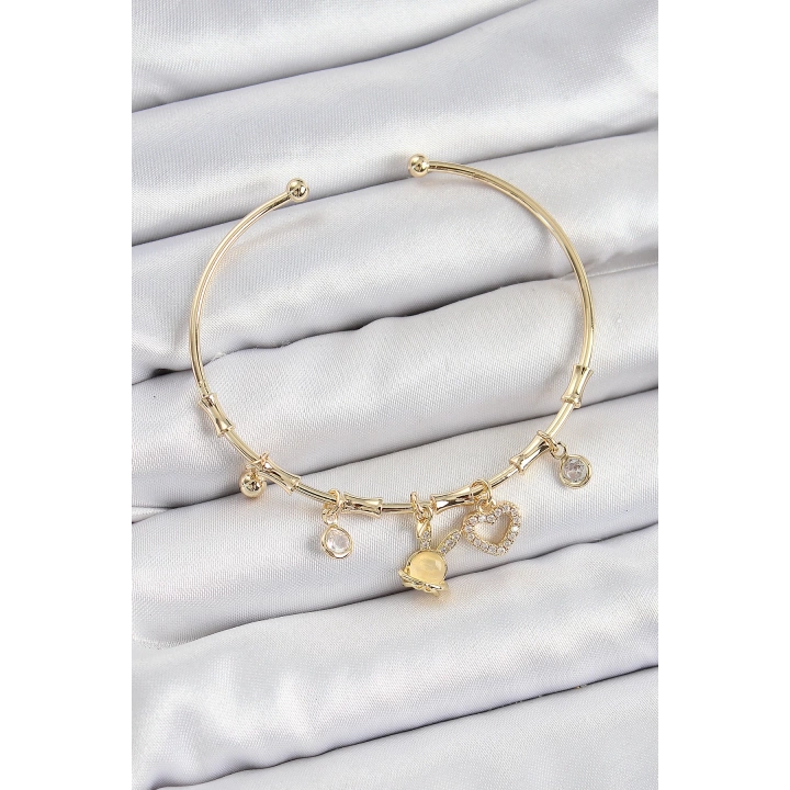 BFS Pirinç Zirkon Taşlı Tavşan Ve Kalp Model Gold Renk Charm Bileklik