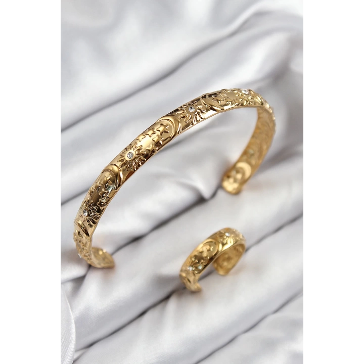 BFS Pirinç Zirkon Taşlı Vintage Model Gold Renk Bileklik Yüzük Set