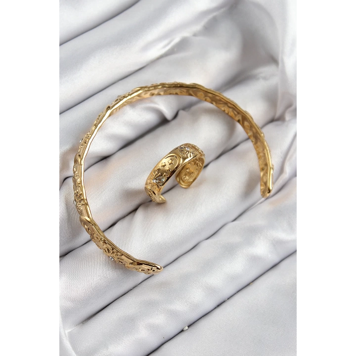 BFS Pirinç Zirkon Taşlı Vintage Model Gold Renk Bileklik Yüzük Set