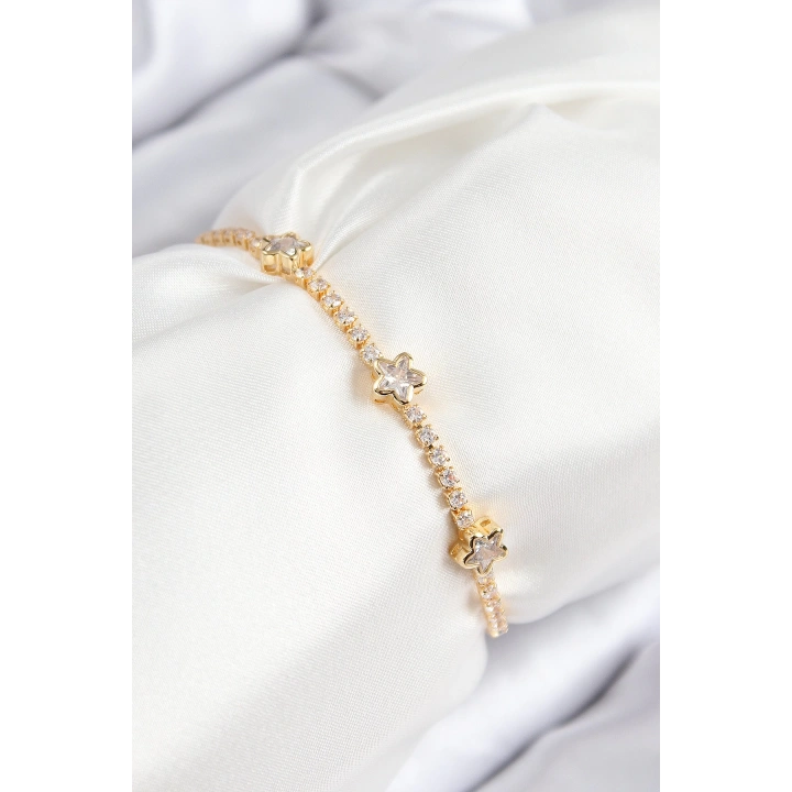 BFS Pirinç Zirkon Taşlı Yıldız Model Gold Renk Asansörlü Kadın Bileklik