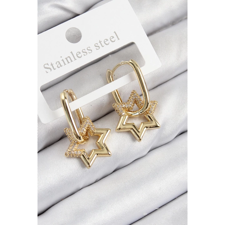 BFS Pirinç Zirkon Taşlı Yıldız Model Gold Renk Kadın Küpe