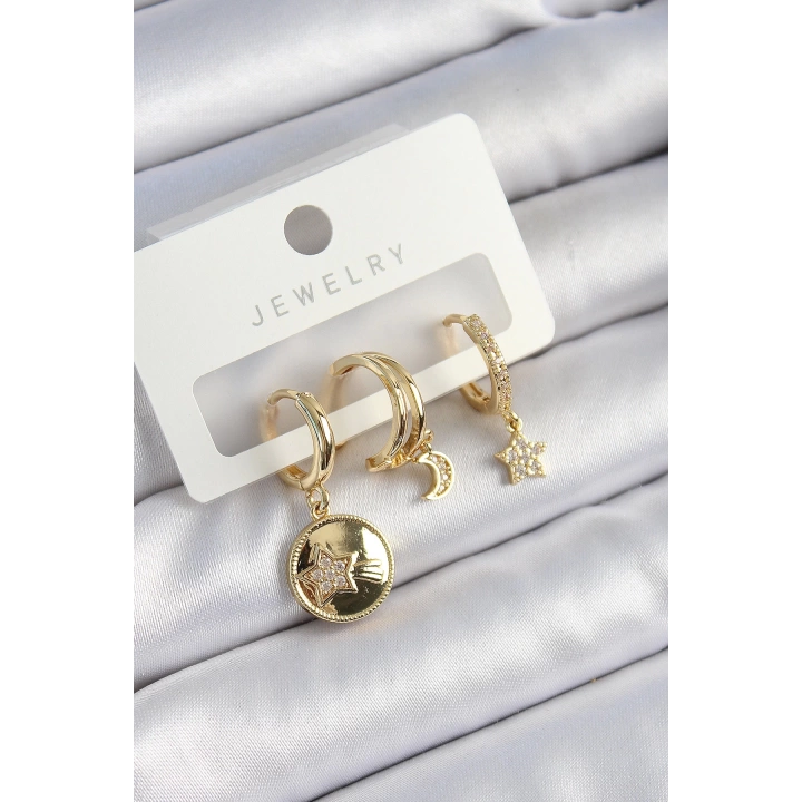 BFS Pirinç Zirkon Taşlı Yıldız Ve Ay Model Gold Renk 3lü Çift Kadın Küpe Set