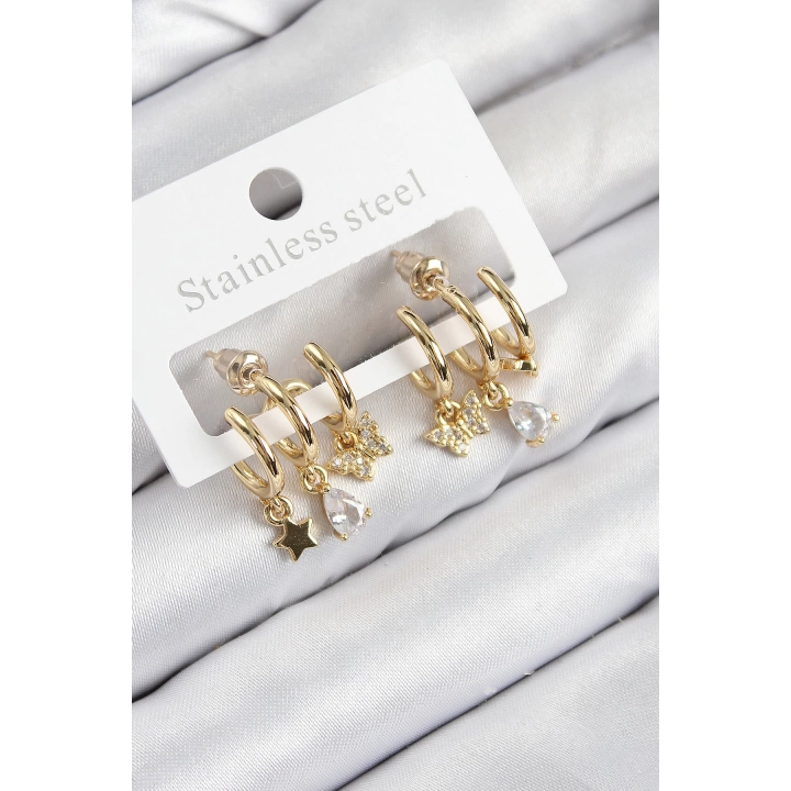 BFS Pirinç Zirkon Taşlı Yıldız Ve Kelebek Model Gold Renk Kadın Küpe