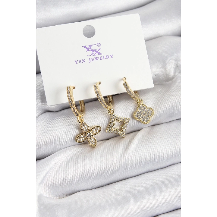 BFS Pirinç Zİrkon Taşlı Yonca Model Gold Renk 3lü Kadın Küpe