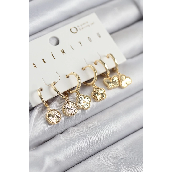 BFS Pirinç Zirkon Taşlı Yonca Model Gold Renk 6lı Küpe Set