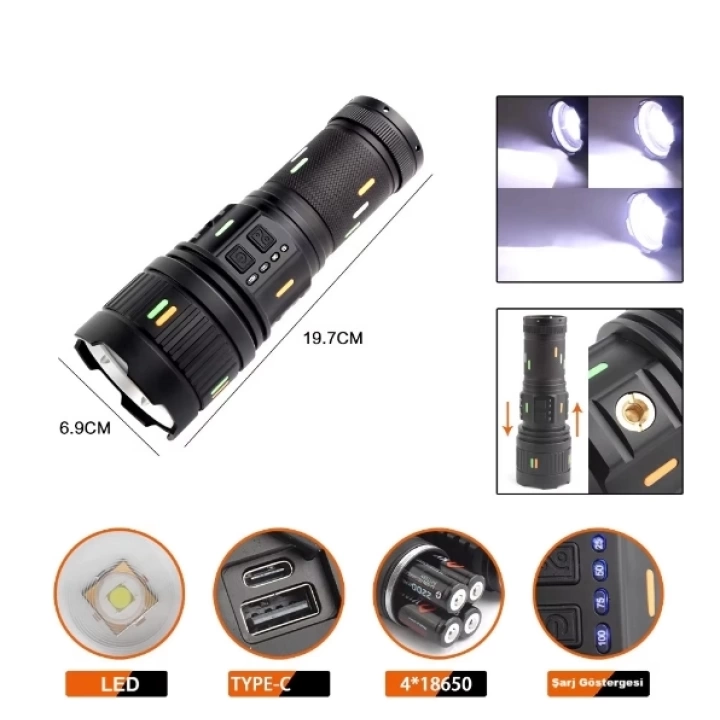 BFS Pro F-3001 Alüminyum Tg Led Güç Göstergeli Type-c Şarjlı El Feneri 100 W