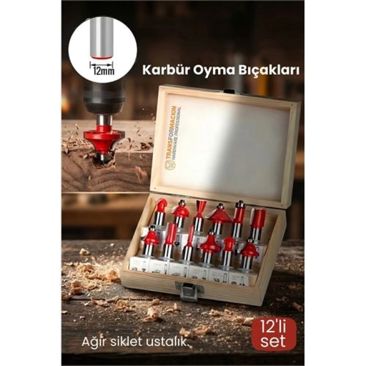 BFS Profesyonel 12li Ahşap Freze Ucu Seti 12mm Şaft | Rulmanlı Karbür Oyma Bıçakları Ahşap Kutulu