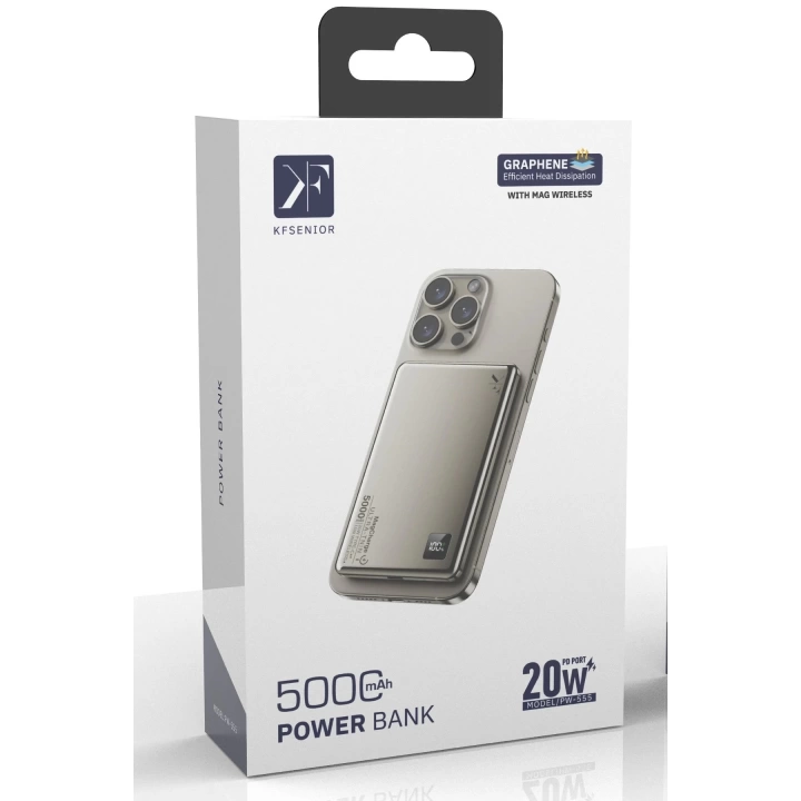 BFS  PW555 5.000 mAh Dijital Göstergeli 18W Type-C ve 15W Kablosuz Şarj PD Hızlı Şarj Magsafe Powerbank - Titanyum
