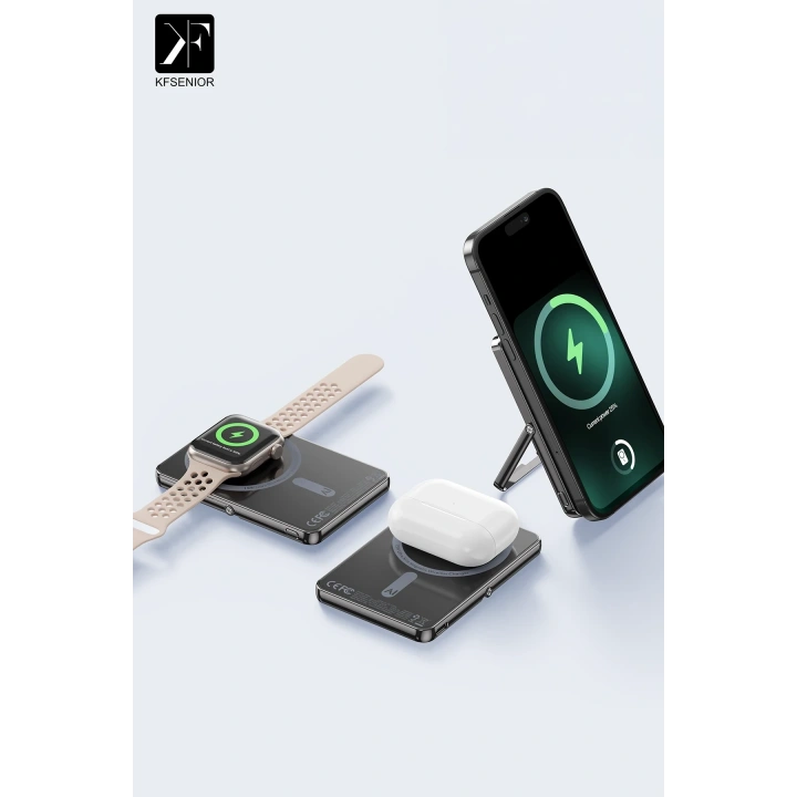 BFS  PW580 5.000 mAh 20W Type-C 15W Kablosuz Şarj 3W Saat Şarj ve 5W Kulaklık Şarj Destekli PD Hızlı Şarj Magsafe Powerbank - Titanyum