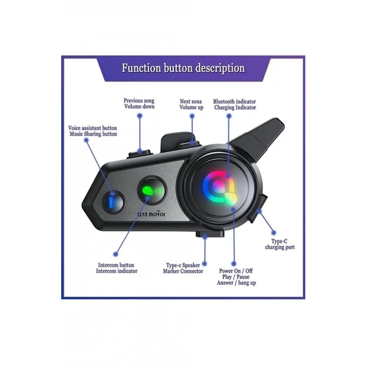 BFS Q18 Motosiklet Kask Kulaklık Intercom Işıklı 2 Eşleşme Özellikli 1000 Mah