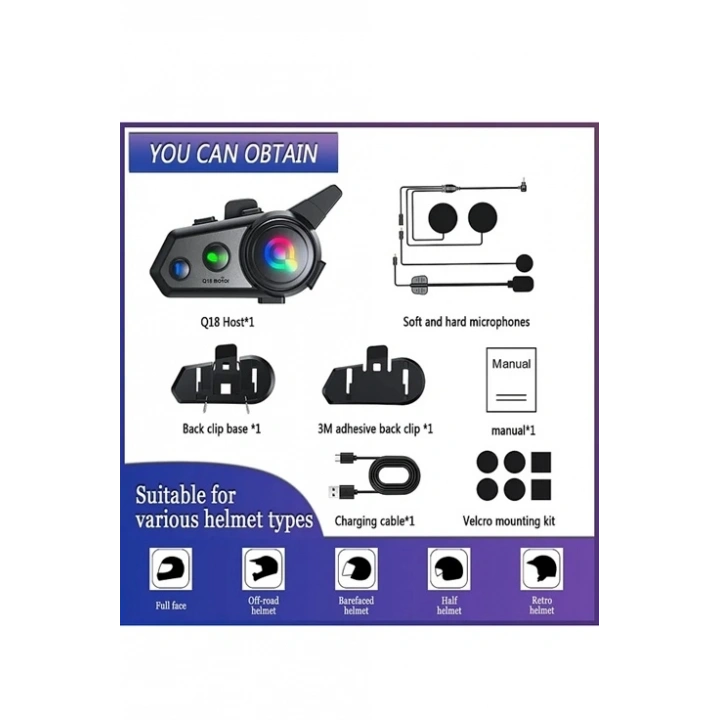 BFS Q18 Motosiklet Kask Kulaklık Intercom Işıklı 2 Eşleşme Özellikli 1000 Mah