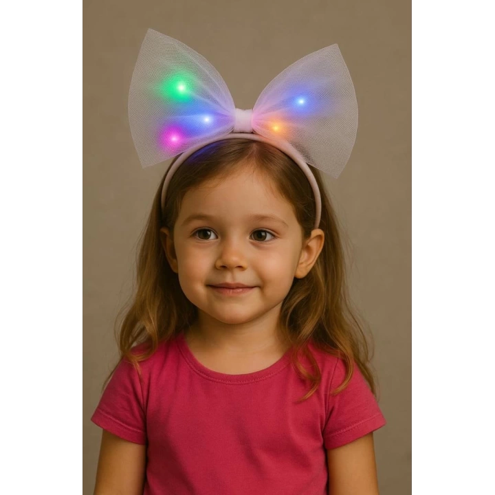 BFS   Rengarenk Led Işıklı Fiyonk Şekilli Tül Parti Tacı Beyaz Renk 25x25 cm