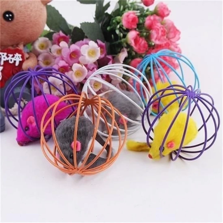 BFS  Renkli Metal Kafesli Peluş Fareli Kedi Köpek Oyuncağı Oyun Topu 6 cm