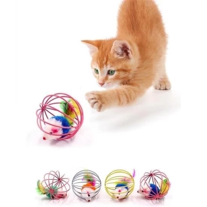 BFS  Renkli Metal Kafesli Peluş Fareli Kedi Köpek Oyuncağı Oyun Topu 6 cm
