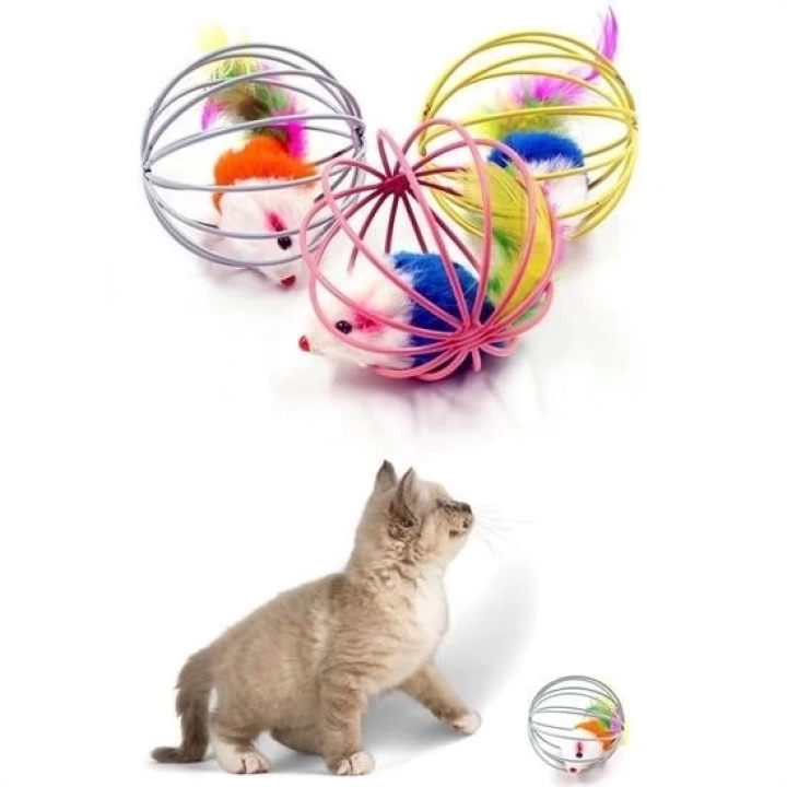 BFS  Renkli Metal Kafesli Peluş Fareli Kedi Köpek Oyuncağı Oyun Topu 6 cm