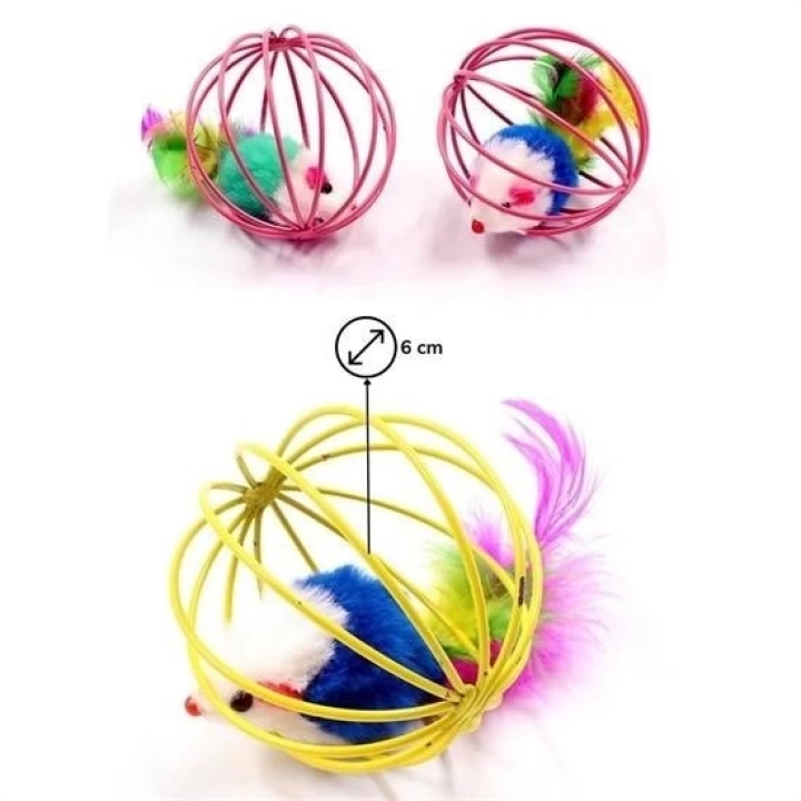 BFS  Renkli Metal Kafesli Peluş Fareli Kedi Köpek Oyuncağı Oyun Topu 6 cm
