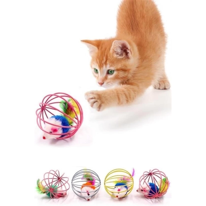 BFS  Renkli Metal Kafesli Peluş Fareli Kedi Köpek Oyuncağı Oyun Topu 6 cm