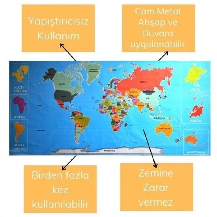 BFS  RenkliAtlas DünyaHaritası Manyetik Yapıştırıcı Gerektirmeyen Duvar Stickerı 118 CM * 56 CM