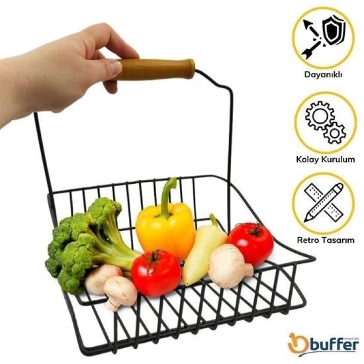 BFS  Retro Ferforje Askılı Siyah  Ahşap Kulplu Düzenleyici Mutfak Sepeti