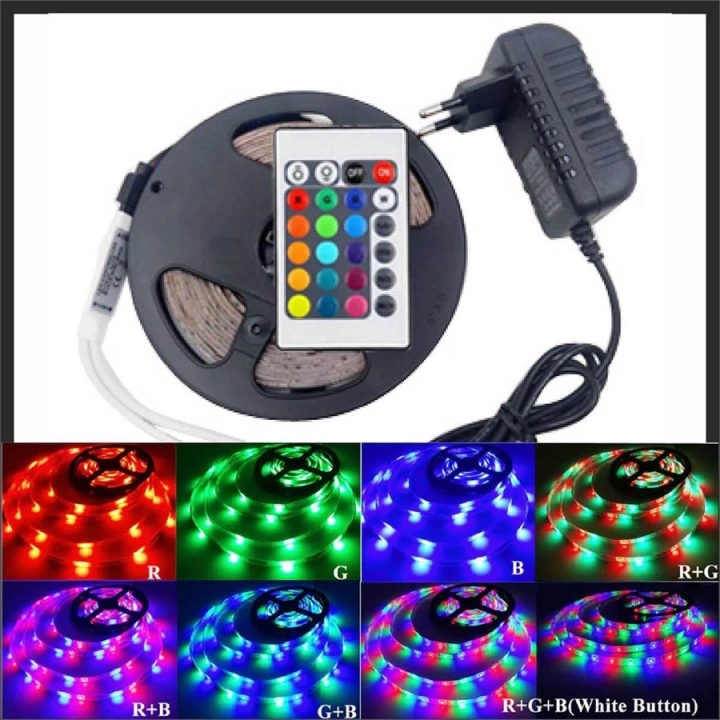 BFS Rgb Şerit 5 Metre 16 Renkli Kumandalı Adaptörlü Çift Taraflı Bant