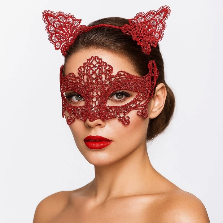 BFS Romantik Kırmızı Dantel Maske Seti – Kedi Kulaklı Taç Ve Maske 3 No